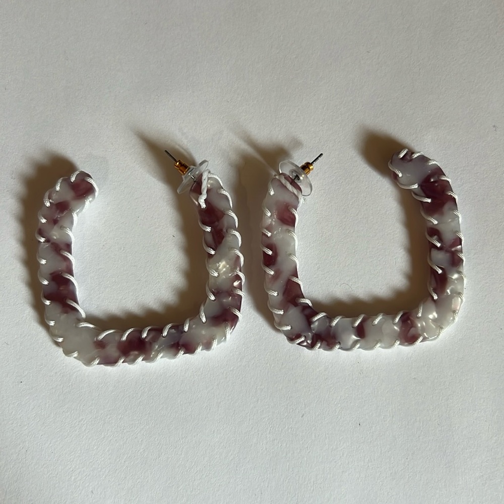 White and pink tortoise square hoops with stitching western cowgirl